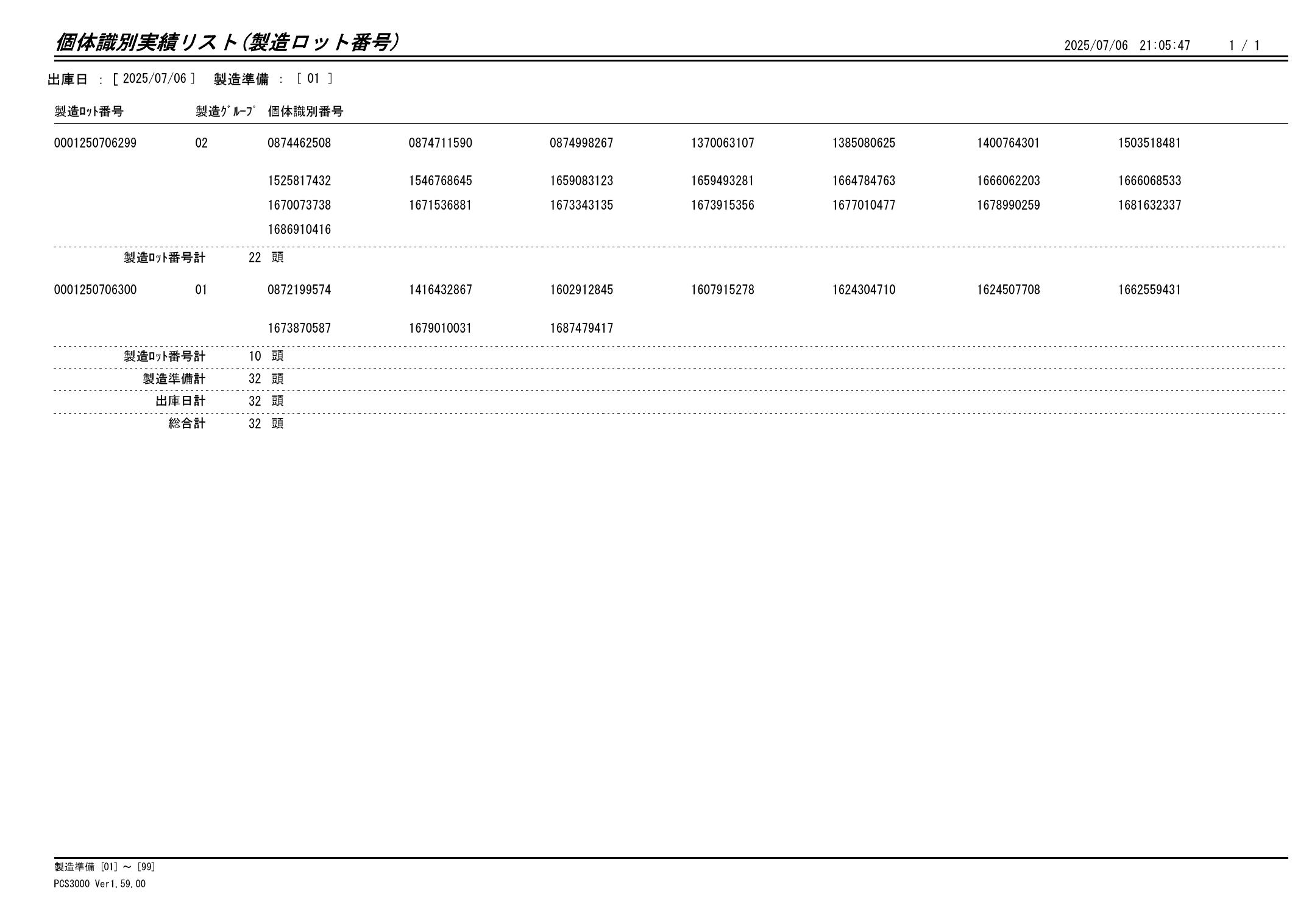 20250707 個体識別実績リスト(製造ロット番号)画像